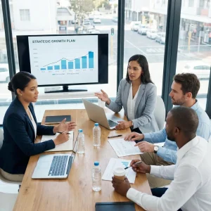 An executive leadership team at Ministry of Insights in New Plymouth, Taranaki, reviewing a Strategic Growth Plan. The session features data-driven growth charts on a screen, representing the MOI Labs approach to evidence-led business strategy in New Zealand.