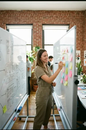 A specialist at Ministry of Insights in New Plymouth, Taranaki, mapping out software wireframes and sprint tasks on double-sided whiteboards. This visual represents the MOI Labs technical execution phase, bridging behavioral AI concepts with functional digital design for New Zealand businesses.
