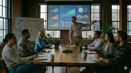 A strategic briefing at Ministry of Insights in New Plymouth. A lead analyst presents a real-time market share dashboard and Q1/Q2 sales projections to a diverse executive team. A whiteboard in the background shows complex logic mapping, illustrating the MOI Labs approach to technical execution and decision assurance.