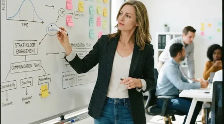 A Ministry of Insights strategist in New Plymouth, Taranaki, presenting a Change Management Strategy. The whiteboard features a technology adoption curve, stakeholder engagement maps, and communication plans, illustrating the MOI Labs focus on the human side of AI implementation in New Zealand.