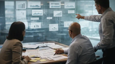A professional team at Ministry of Insights in New Plymouth, Taranaki, analyzing complex data architecture and business process maps displayed on a glass wall. The MOI Labs approach to data-driven strategy and system optimization for New Zealand enterprises is shown through collaborative analysis.